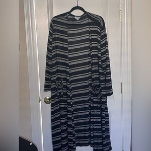 LuLaRoe XL Black and Gray Striped Long Open-Front Cardigan Duster  front pockets